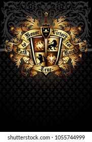 Decorative shield and sword on the background of heraldic ornament. Highly realistic illustration.