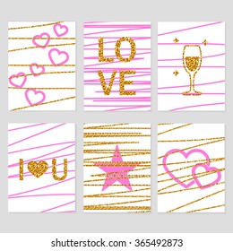 Decorative shiny gold glitter cards for valentine's day, greeting card, decoration. Valentine's day golden glitter design elements set. Wedding and Love. Golden letters. Vector illustration.