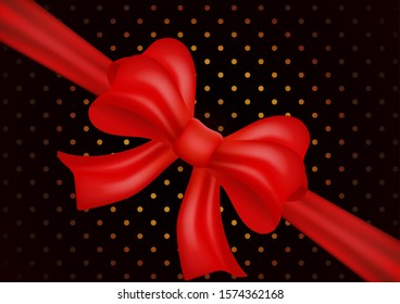 Decorative shiny red bow with ribbon isolated on a black polka dot background. Decoration of holiday gifts and backgrounds. Vector illustration for your design.