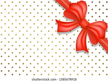 Decorative shiny red bow with ribbon isolated on a white background with polka dots. Decoration of holiday gifts and backgrounds. Vector illustration for your design.