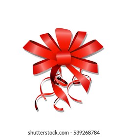 Decorative Shiny red satin  bow with ribbon isolated on white  background. vector illustration 