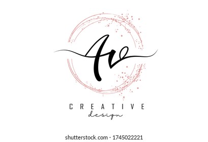 Ilustración vectorial brillante decorativa con letras A y V. AV manuscrito un logotipo de letras v con círculos espumosos de color rosa y brillo. 

