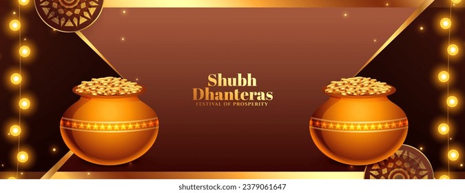 decorative shubh dhanteras greeting banner pray for blessings and prosperity vector. Translation: Shubh Dhanteras, shubh means happy, dhan means wealth and teras means thirteen