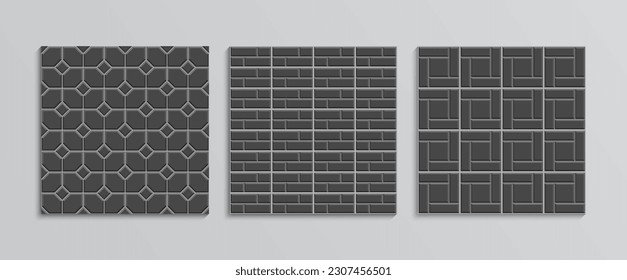 Decorative sidewalk. Paved floor seamless patterns. Slab pavement texture set. Collection of paver tiles. Cobblestone print. Garden stone footpath. Mosaic outdoor background. Vector illustration