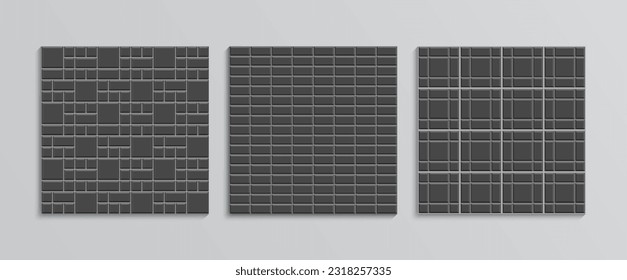 Decorative sidewalk. Slab pavement textures set. Street paver seamless pattern. Paved floor tiles collection. Stone surface. Cobblestone print. Mosaic outdoor background. Vector illustration