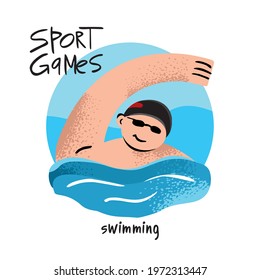 Decorative sign of a man swimming in the pool on the background of a circle isolated on white. Color icon of a swimmer with the lettering sport games. Symbol of a sports game. Vector illustration