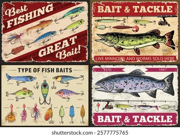 Decorative signs feature vintage fishing themes showcasing various types of bait and tackle. Bright colors and illustrations attract attention for fishing enthusiasts.