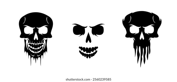 A decorative silhouette of a diabolic skull with sharp horns, grunge textures, and spooky brush elements, designed for dark horror or Halloween themes.