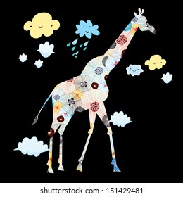 Decorative silhouette of a giraffe on a black background with clouds 