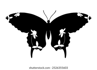 Decorative silhouette, stamp of a winged insect butterfly with botanical patterns on its wings. Vector graphics.