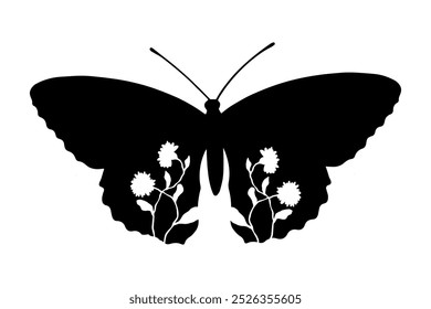 Decorative silhouette, stamp of a winged insect butterfly with botanical patterns on its wings. Vector graphics.