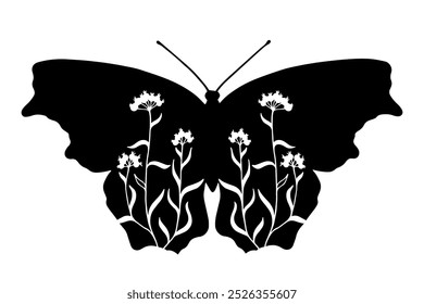 Decorative silhouette, stamp of a winged insect butterfly with botanical patterns on its wings. Vector graphics.