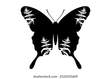 Decorative silhouette, stamp of a winged insect butterfly with botanical patterns on its wings. Vector graphics.