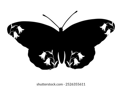 Decorative silhouette, stamp of a winged insect butterfly with botanical patterns on its wings. Vector graphics.