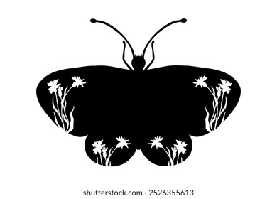 Decorative silhouette, stamp of a winged insect butterfly with botanical patterns on its wings. Vector graphics.