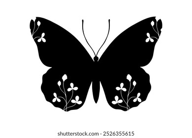 Decorative silhouette, stamp of a winged insect butterfly with botanical patterns on its wings. Vector graphics.