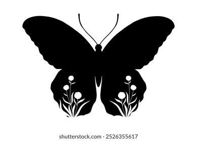 Decorative silhouette, stamp of a winged insect butterfly with botanical patterns on its wings. Vector graphics.