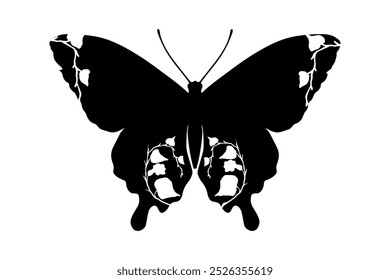 Decorative silhouette, stamp of a winged insect butterfly with botanical patterns on its wings. Vector graphics.