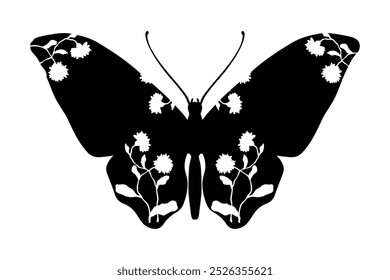 Decorative silhouette, stamp of a winged insect butterfly with botanical patterns on its wings. Vector graphics.