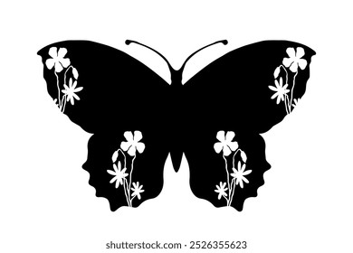 Decorative silhouette, stamp of a winged insect butterfly with botanical patterns on its wings. Vector graphics.