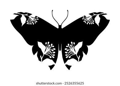 Decorative silhouette, stamp of a winged insect butterfly with botanical patterns on its wings. Vector graphics.