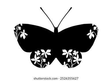 Decorative silhouette, stamp of a winged insect butterfly with botanical patterns on its wings. Vector graphics.