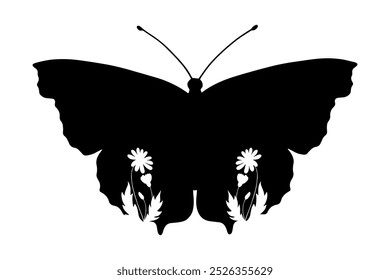 Decorative silhouette, stamp of a winged insect butterfly with botanical patterns on its wings. Vector graphics.