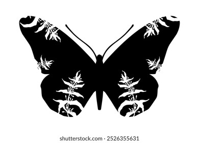 Decorative silhouette, stamp of a winged insect butterfly with botanical patterns on its wings. Vector graphics.