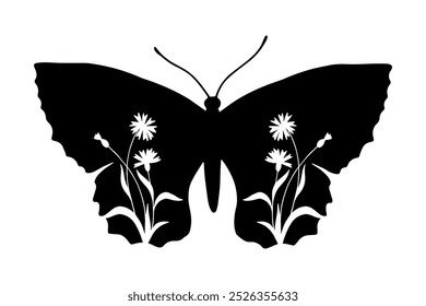 Decorative silhouette, stamp of a winged insect butterfly with botanical patterns on its wings. Vector graphics.