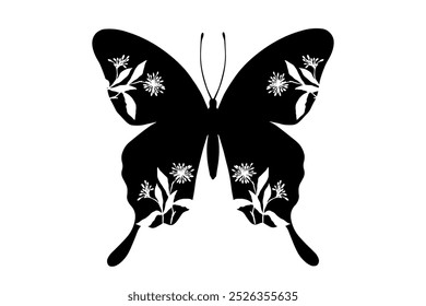 Decorative silhouette, stamp of a winged insect butterfly with botanical patterns on its wings. Vector graphics.