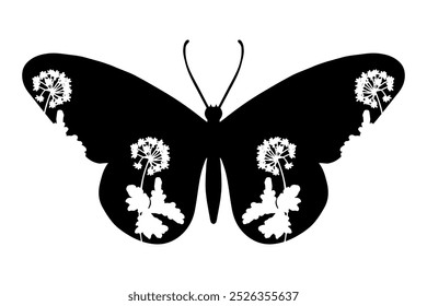 Decorative silhouette, stamp of a winged insect butterfly with botanical patterns on its wings. Vector graphics.