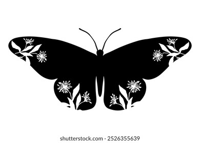 Decorative silhouette, stamp of a winged insect butterfly with botanical patterns on its wings. Vector graphics.