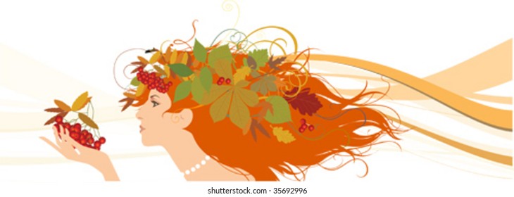 Decorative silhouette of woman with autumn leaves. All elements and textures are individual objects. Vector illustration scale to any size.