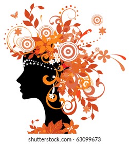 Decorative silhouette of woman with autumn leaves