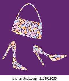 Decorative silhouettes elegant female shoes on high heels and small handbag from abstract colorful flowers and leaves