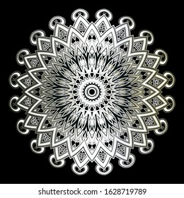 Decorative silver 3d vector mandala pattern. Surface ornamental luxury background. Floral shiny round flower ornament with zigzag lines, radial shapes, grid, lace. Circle greek key meanders frame.