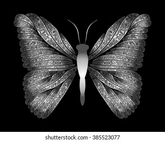 Decorative silver butterfly, isolated on black background. Vector illustration.