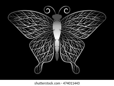 Decorative silver butterfly, isolated on black background. Vector illustration.
