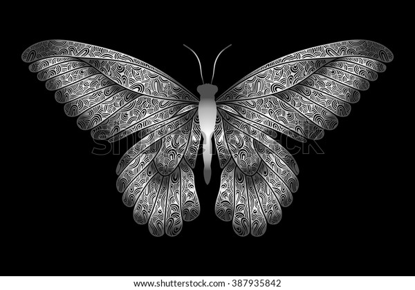 Decorative Silver Butterfly Isolated On Black Stock Vector