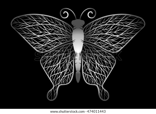 Decorative Silver Butterfly Isolated On Black Stock Vector