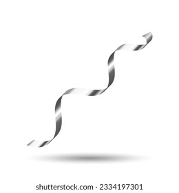 Elementos decorativos de cinta de curling plateado. Navidad, Año Nuevo, Cumpleaños, San Valentín, Boda, Fiesta o Decoración de Eventos.  Aislado sobre fondo blanco con sombra. Ilustración vectorial realista.