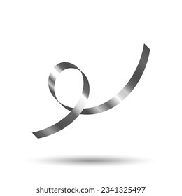 Decorative silver curling ribbon element. Christmas, New year, Birthday, Valentine's, Wedding, Holiday or Event decoration.  Isolated on white background with shadow. Realistic vector illustration.
