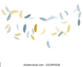 Decorative silver gold feathers vector background. Falling feather elements soft vector design. Wildlife nature isolated plumage. Decoration confetti of carnival plumelet.