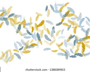 Decorative silver gold feathers vector background. Falling feather elements soft vector design. Bird wing plumage boho line art. Soft plumelet native indian ornament.