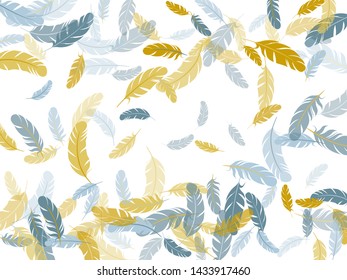 Decorative silver gold feathers vector background. Decoration confetti of carnival plumelet. Falling feather elements soft vector design. Plumage fluff dreams symbols.
