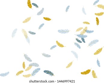 Decorative silver gold feathers vector background. Quill plumelet silhouettes illustration. Plumage glamour fashion shower decor. Falling feather elements soft vector design.