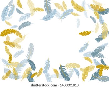 Decorative silver gold feathers vector background. Wildlife nature isolated plumage. Easy plumelet ethnic indian graphics. Falling feather elements soft vector design.