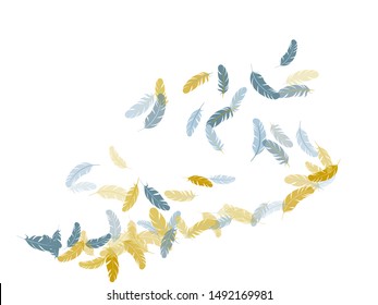 Decorative silver gold feathers vector background. Soft plumelet native indian ornament. Fluffy twirled feathers on white design. Plumage fluff dreams symbols.