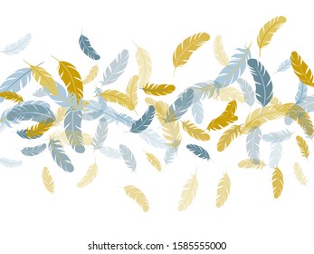 Decorative silver gold feathers vector background. Falling feather elements soft vector design. Decorative confetti of festive plumelet. Plumage trendy fashion shower decor.