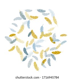 Decorative silver gold feathers vector background. Decorative confetti of festive plumelet. Flying feather elements airy vector design. Angel wing plumage concept.